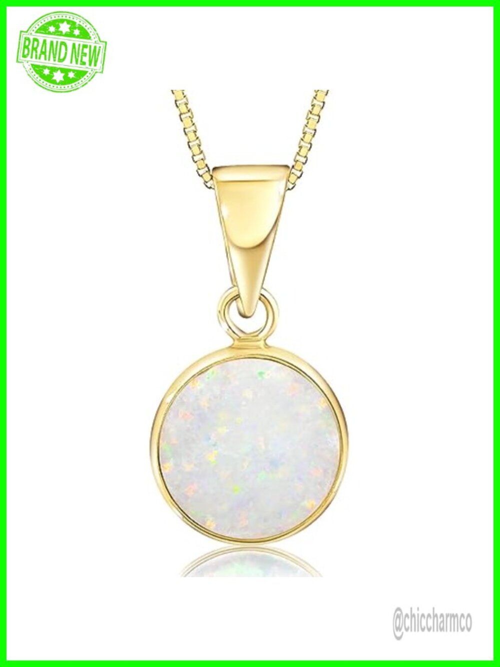 14K Solid Gold Round Simulated Opal Pendant Necklace Dainty
